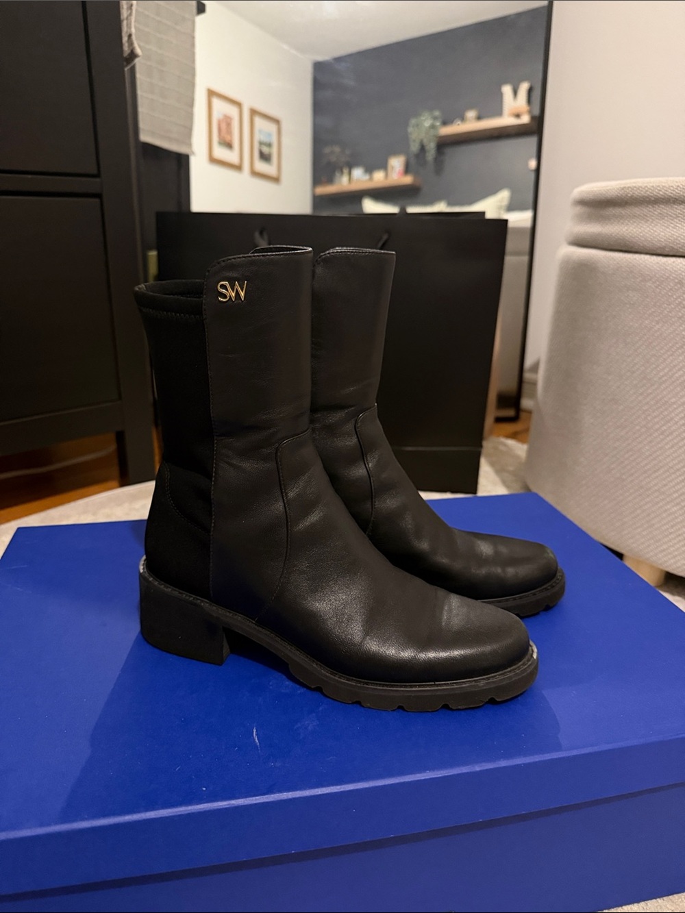 Stuart Weitzman Black Leather Ankle Boots with SW Logo